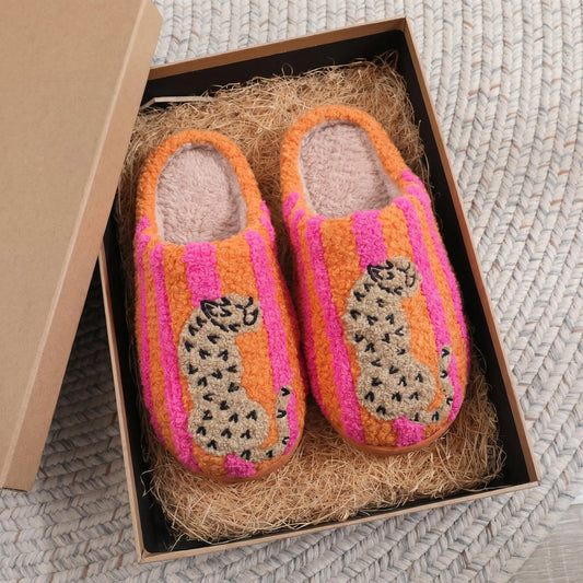 Striped Leopard Print Plush Slippers